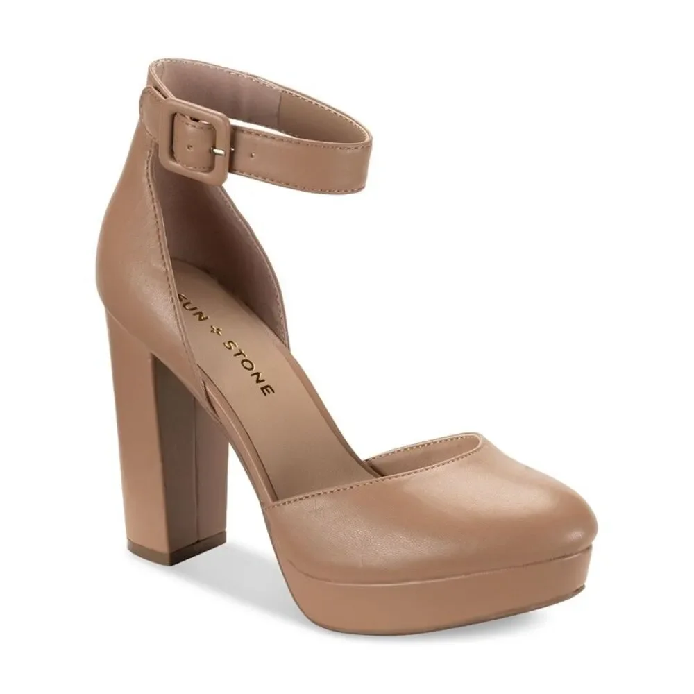 SUN STONE Womens Beige 1" Platform Estrella Round Toe Block Heel Pumps Shoes 8 M